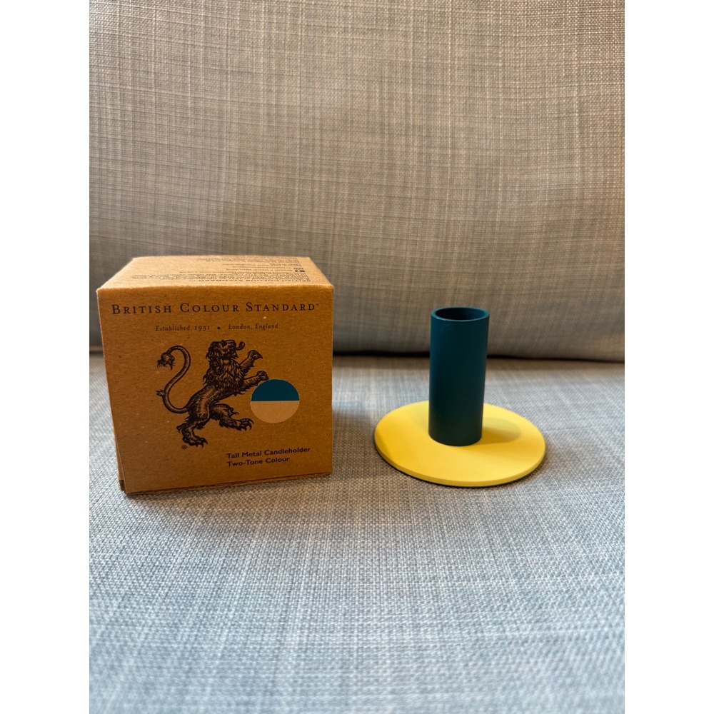 British Colour Standard Tall Metal Candleholder Teal Blue Yellow Two Tone NIB